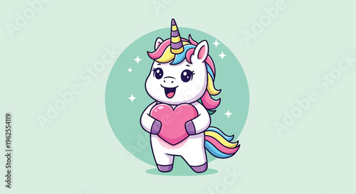 Cute Cartoon Unicorn Holding a Pink Heart Vector Illustration.