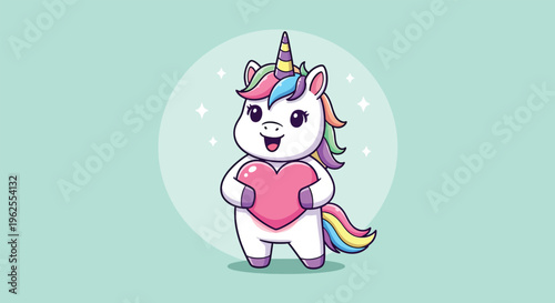 Cute Cartoon Unicorn Holding a Pink Heart.