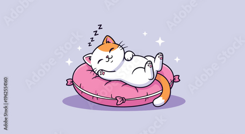 Cute Cat Sleeping Peacefully on Pink Pillow with Stars.
