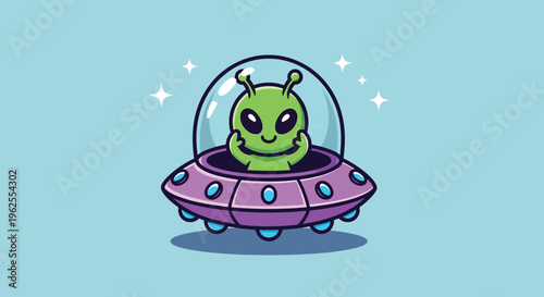 Cute Green Alien in a Flying Saucer Spaceship Cartoon.