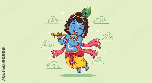 Cute Little Krishna Playing Flute Cartoon Vector Illustration.