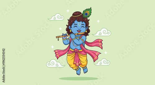 Cute Little Krishna Playing Flute Cartoon Illustration.