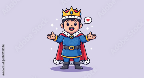 Cute Little Prince Wearing Crown and Cape Cartoon Illustration.