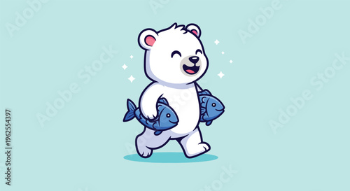 Cute Polar Bear Carrying Freshly Caught Fish.