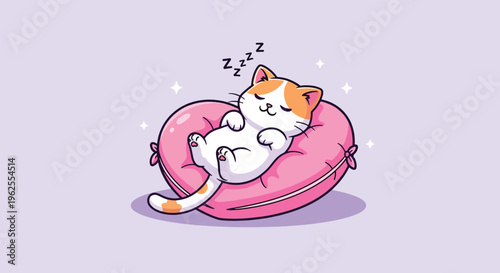 Cute sleeping cat on a pink heart pillow.