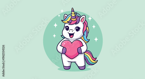 Cute Unicorn Holding Pink Heart Cartoon Illustration.
