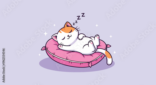Cute Sleeping Cat on a Pink Pillow.