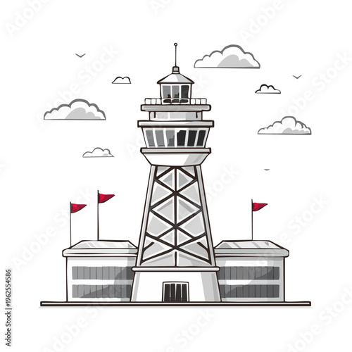 Modern air traffic control tower with adjacent buildings and red flags under a cloudy sky