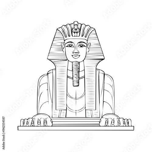 Ancient Egyptian Sphinx statue line art drawing with regal headdress and paws