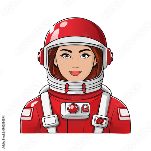 Female astronaut in red spacesuit with helmet smiling and looking forward