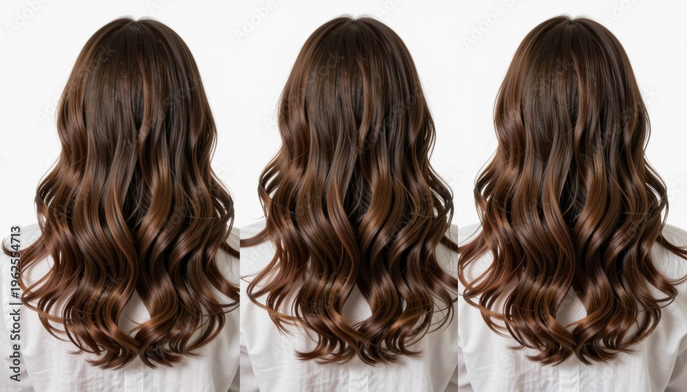 Fototapeta premium Beautiful Long Wavy Brown Hair from Behind on White Background - Perfect for Beauty, Fashion & Hair Care Content