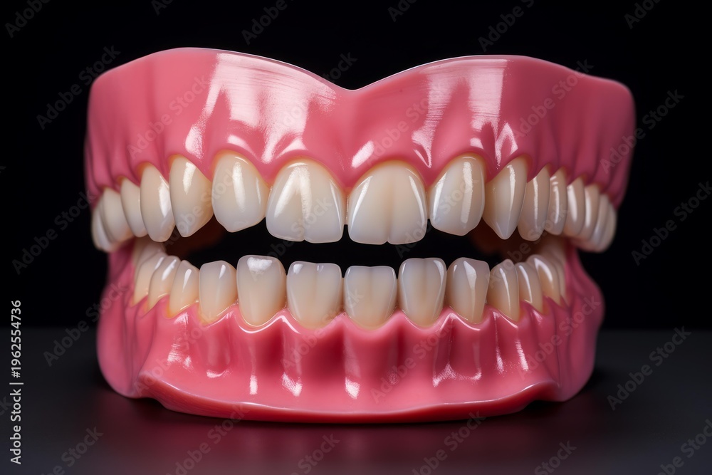 Obraz premium Full upper and lower dentures present a healthy, complete smile on a black background