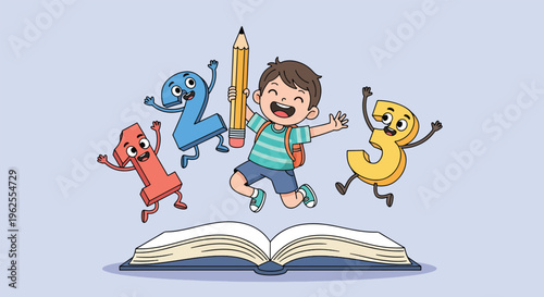 Happy Boy Jumping With Numbers And Pencil Over Open Book.