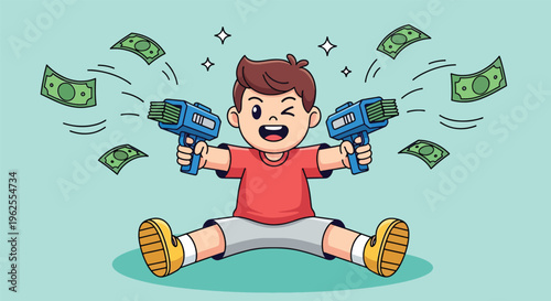 Happy boy shooting money from two cash guns.