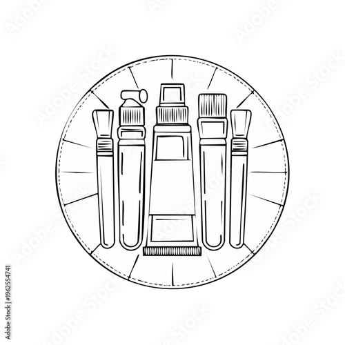 Artistic Composition of Paint Tubes and Brushes in Circular Design