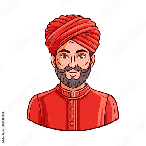 Man wearing a red turban and traditional red attire with mustache and beard