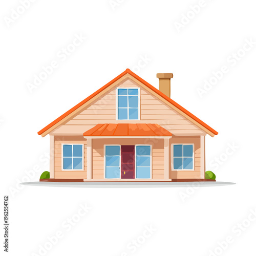 Cozy cartoon detached house with red roof and chimney illustration