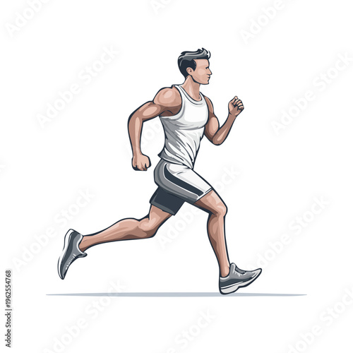 Fit man in athletic wear running fast, showing muscular physique and focused expression in a dynamic pose.