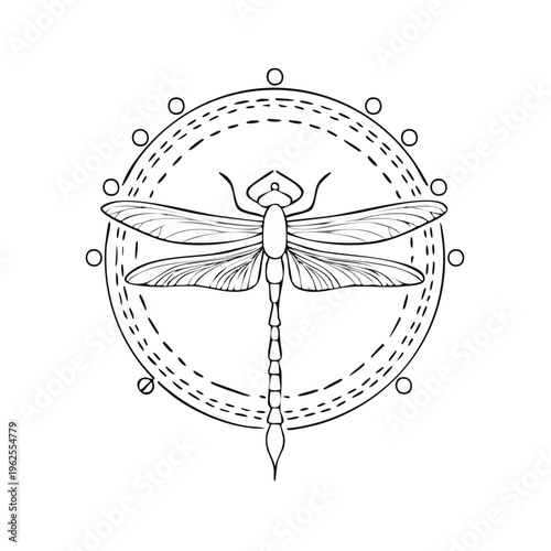 Elegant Dragonfly with Geometric Mandala Design, Stylized Line Art Illustration