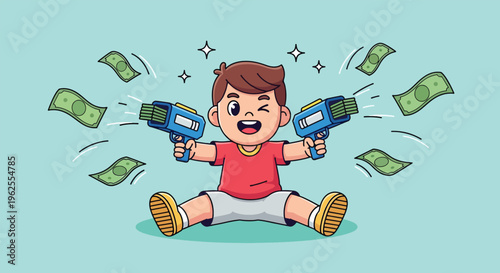 Happy Boy Shooting Money with Money Guns.