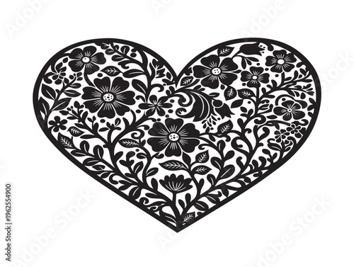Romantic floral heart silhouette vector with lovely blooming shape design
