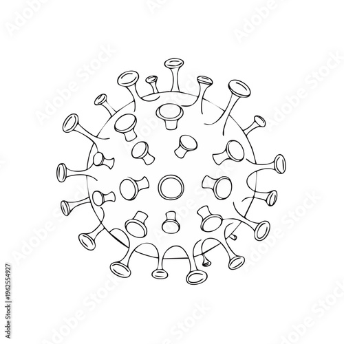 Stylized black and white line drawing of a virus particle with spikes and bulbous ends