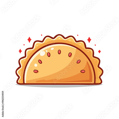 Cartoon Style Golden Baked Empanada with Red Filling Dots and Sparkle Accents