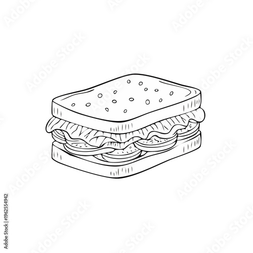 Hand drawn illustration of a layered sandwich with tomato lettuce and meat fillings