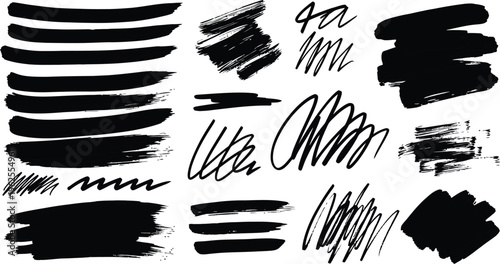 Hand drawn black ink arrows speech bubbles and abstract brush strokes
