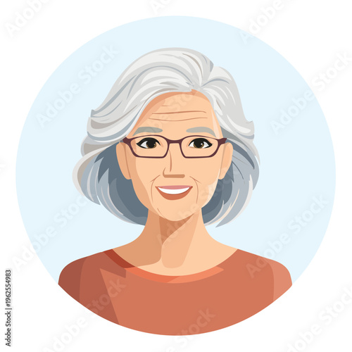 Smiling mature woman with gray hair wearing eyeglasses and casual shirt portrait