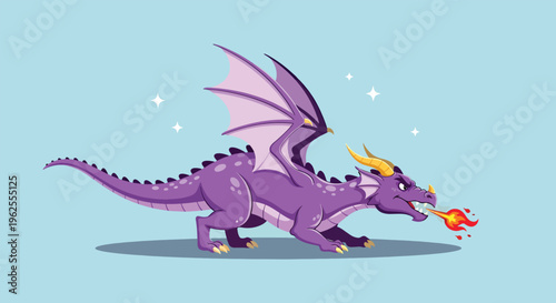Purple Dragon Breathing Fire Cartoon.