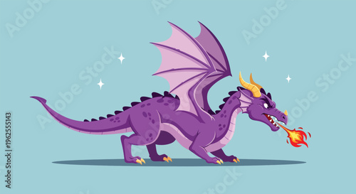 Purple Dragon Breathing Fire Mythical Creature Vector.