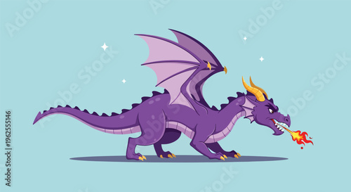 Purple Dragon Breathing Fire Mythical Creature Vector Illustration.