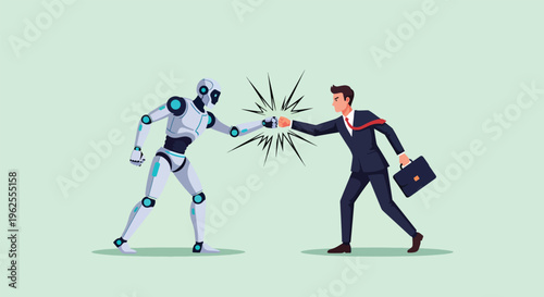 Robot and Businessman Fist Bump Symbolizing AI and Human Collaboration.
