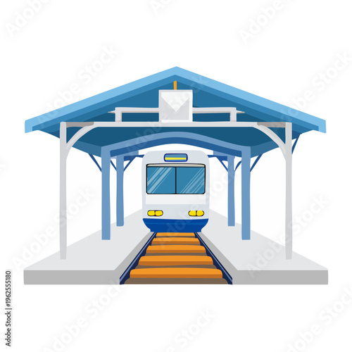 Modern train arriving at a covered platform with blue roof and white structure.
