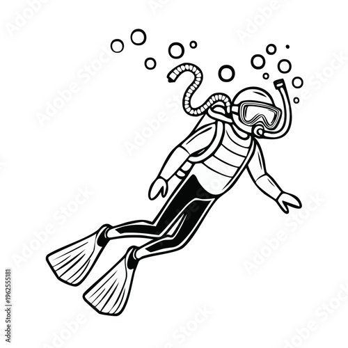 Scuba diver with mask and fins swimming underwater, surrounded by bubbles