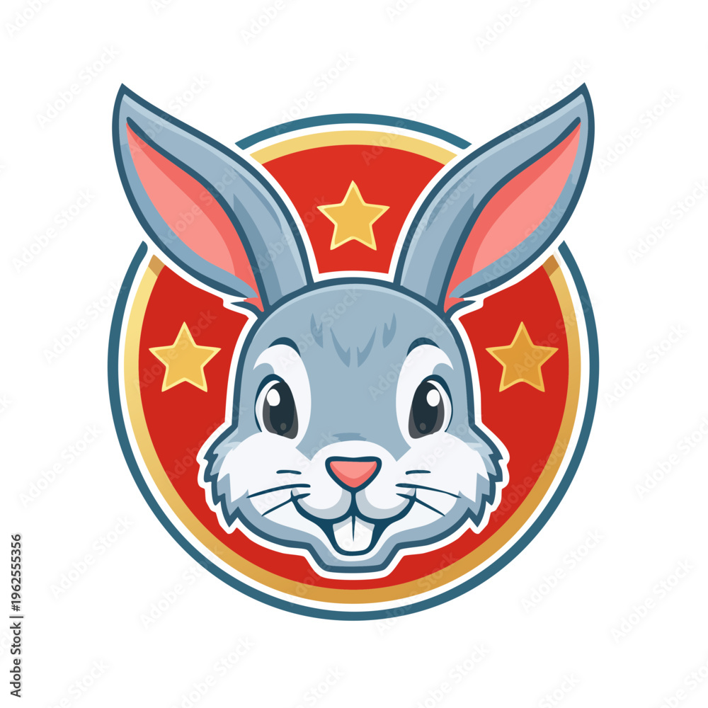 Obraz premium Cartoon Rabbit Mascot with Stars on Red Emblem