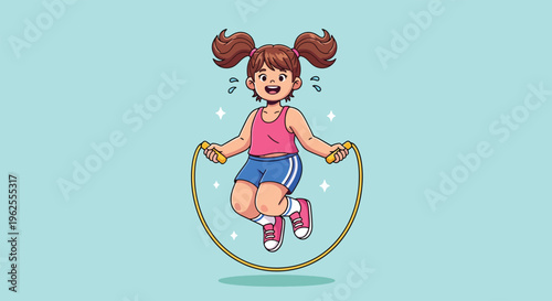 Young girl joyfully jumping rope in a cartoon style.