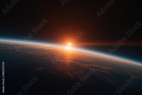 Bright Sunrise Encircles Planet. Celestial Dawn Illuminates Sky With Tranquil Cosmic Harmony And Radiance