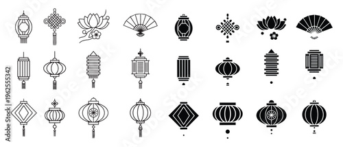 Collection of Chinese New Year decorative elements including lanterns lotus flowers fans and lucky knots