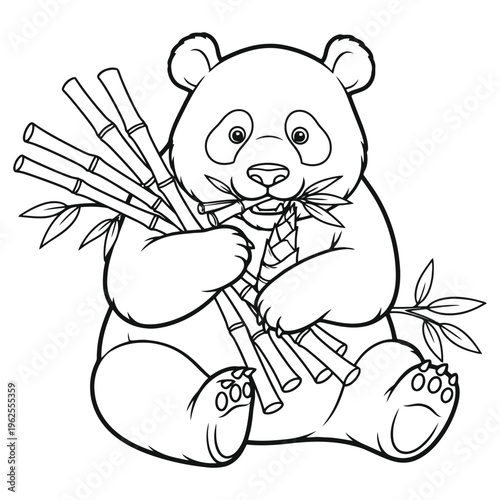A cute panda sits and happily munches on a bunch of fresh bamboo stalks
