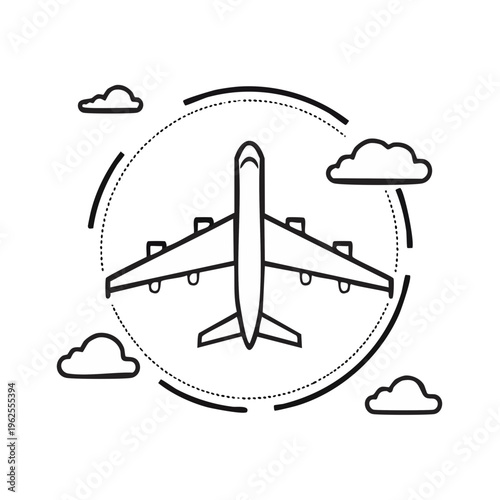 Modern airline jet airplane flying through clouds and circular path graphic