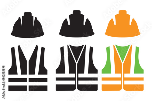 Collection of industrial safety helmets and highvisibility vests in various colors and styles