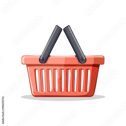 Illustration of a coral red shopping basket with grey handles on a white background