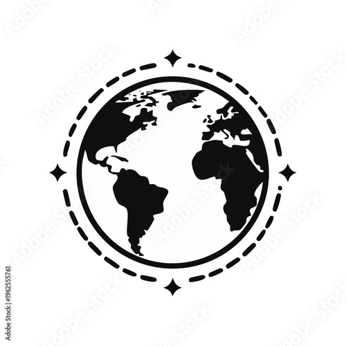 Stylized Earth globe with compass rose and orbit graphic element