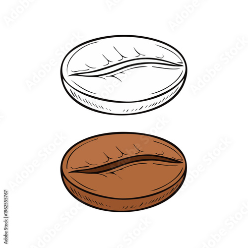 Two stylized coffee beans one outlined and one filled with brown color
