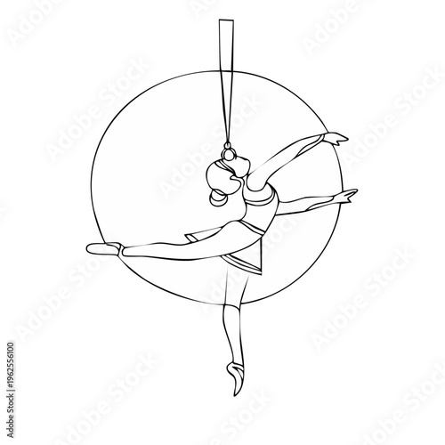 Graceful aerial hoop dancer performs elegant pose with extended leg and arms