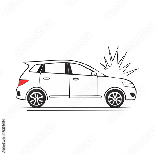 Line drawing of a damaged car with impact lines and red taillight