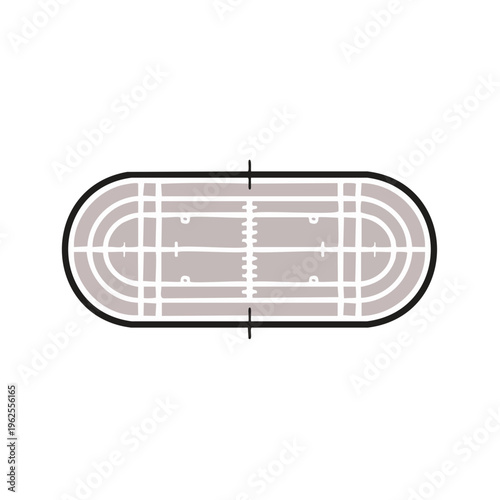 Top-down view of a running track with multiple lanes and finish line markers