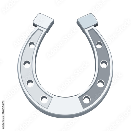 Illustration of a silver horseshoe isolated on a light grey background representing luck